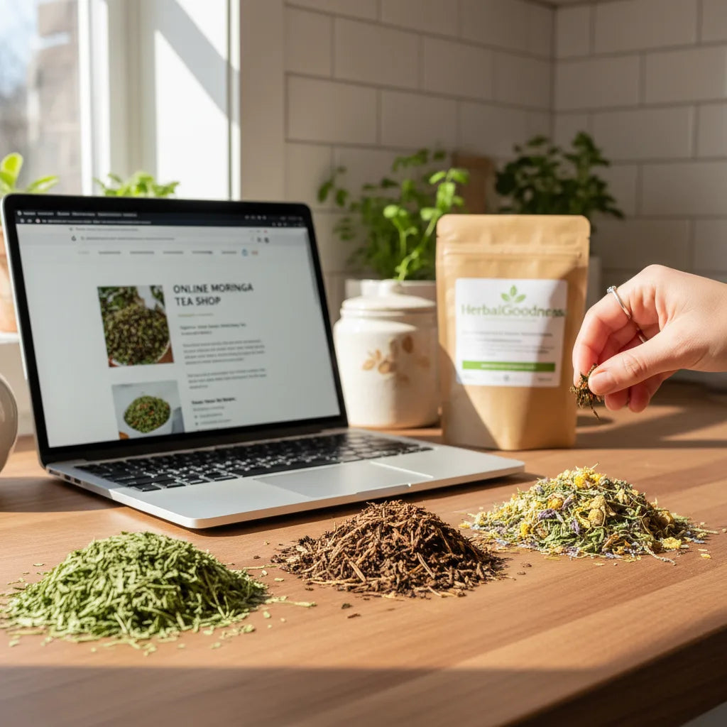 Person choosing moringa tea by laptop