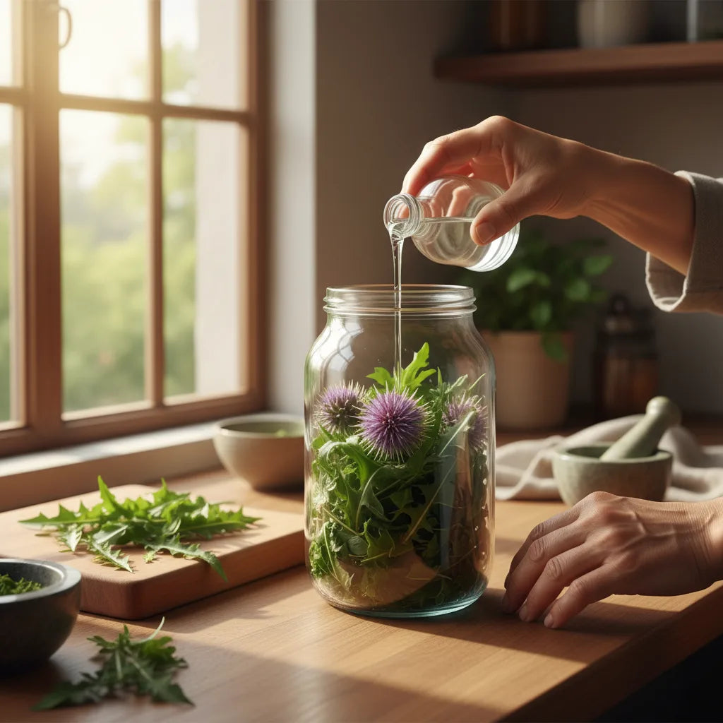 Making alcohol-free herbal drops in kitchen