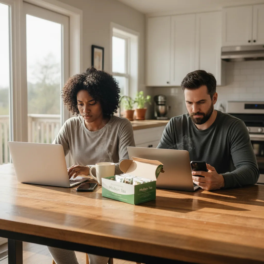 Couple compares online mullein tea bag options.
