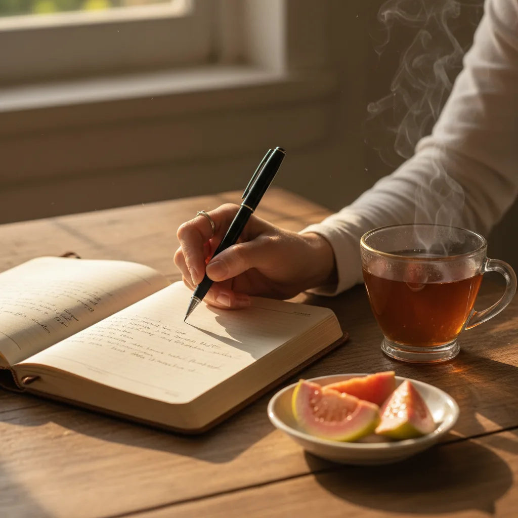Hand journaling with guava tea by window