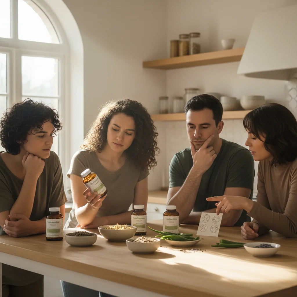 Diverse friends explore botanical supplements together