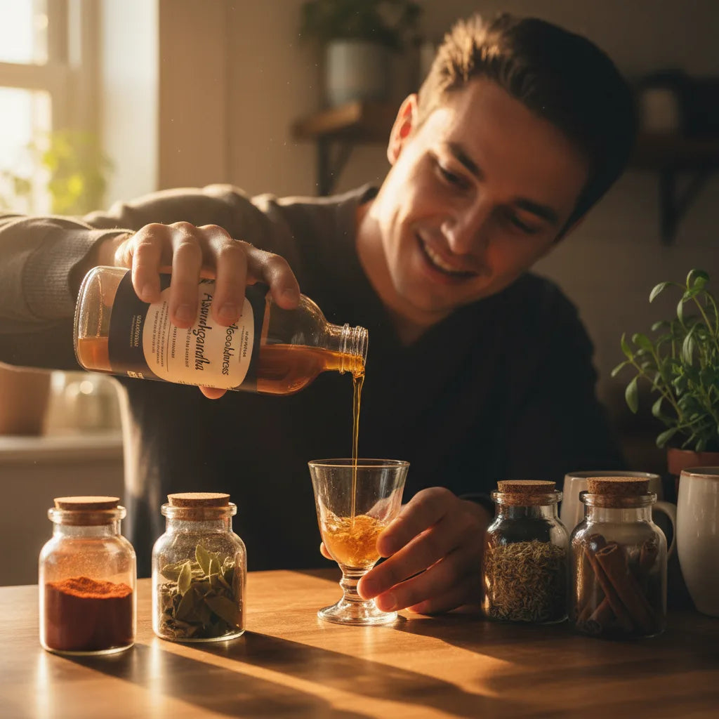 Tasting ashwagandha liquid at home counter
