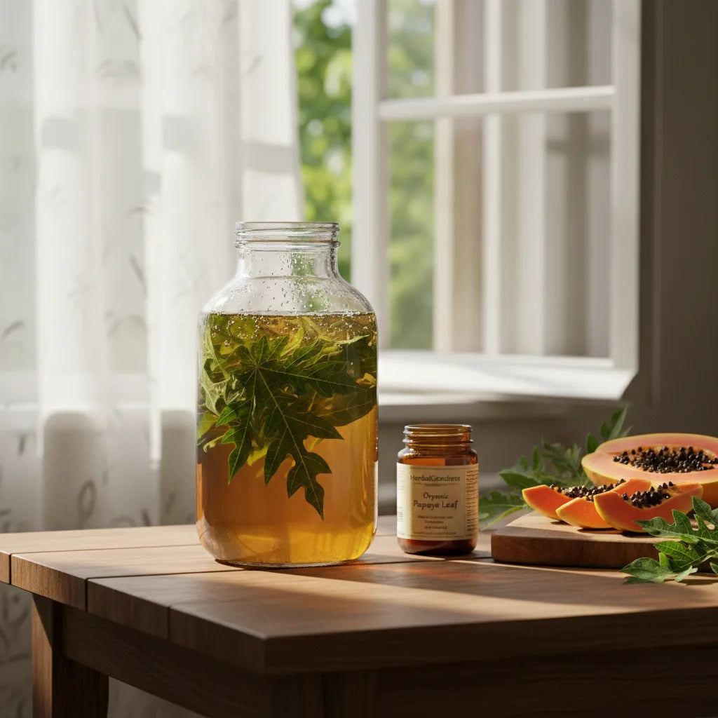 Glass jar sun-brewing papaya leaf tea