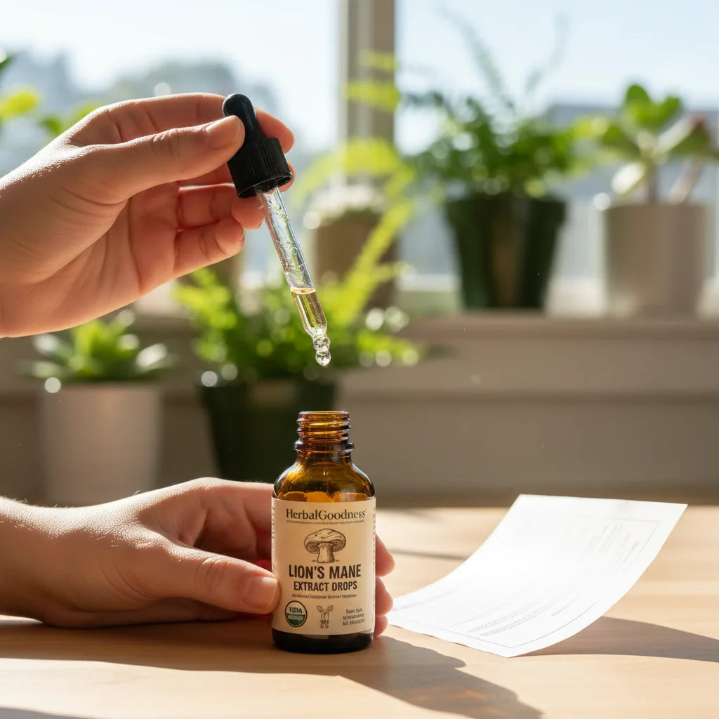 Hands read label beside extract drops.