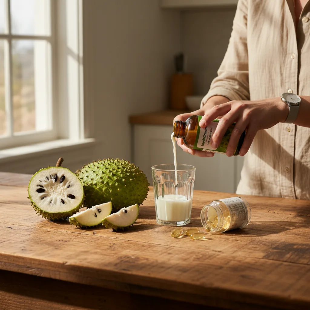 Soursop liquid poured beside open capsules