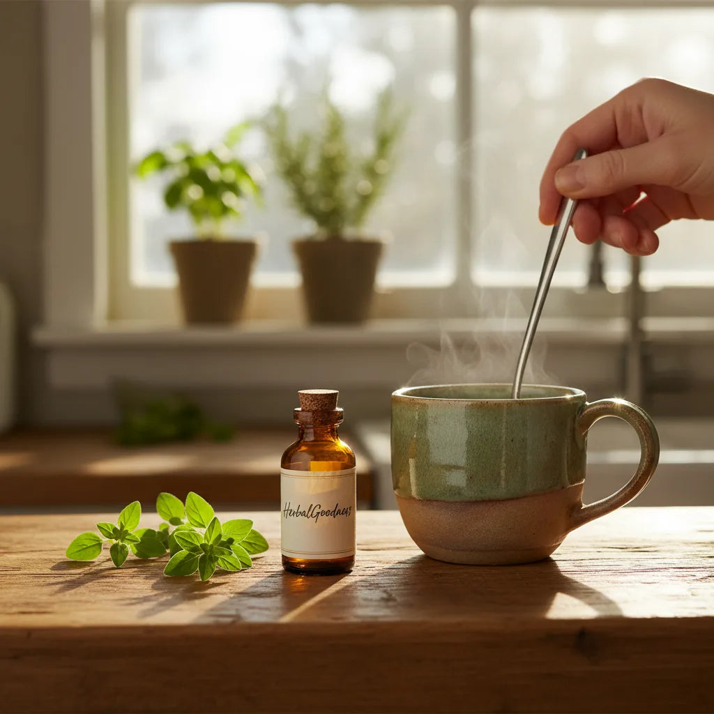 Steaming tea and alcohol-free oregano extract