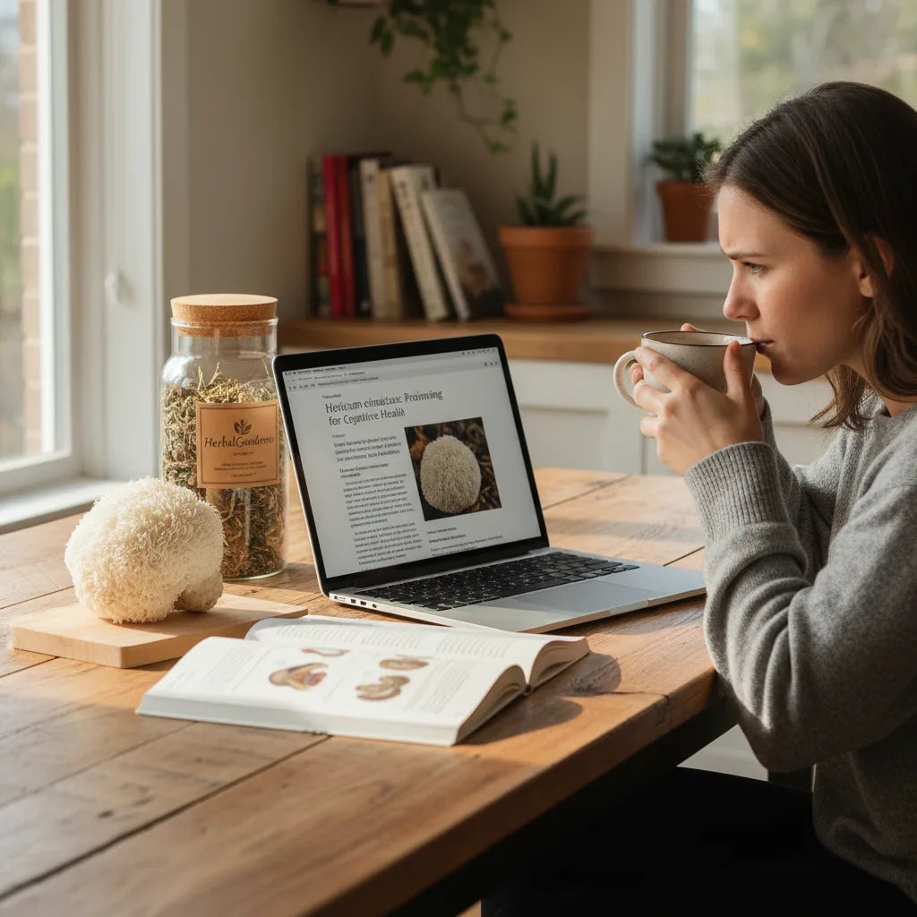 Reading lion’s mane research in sunlit kitchen