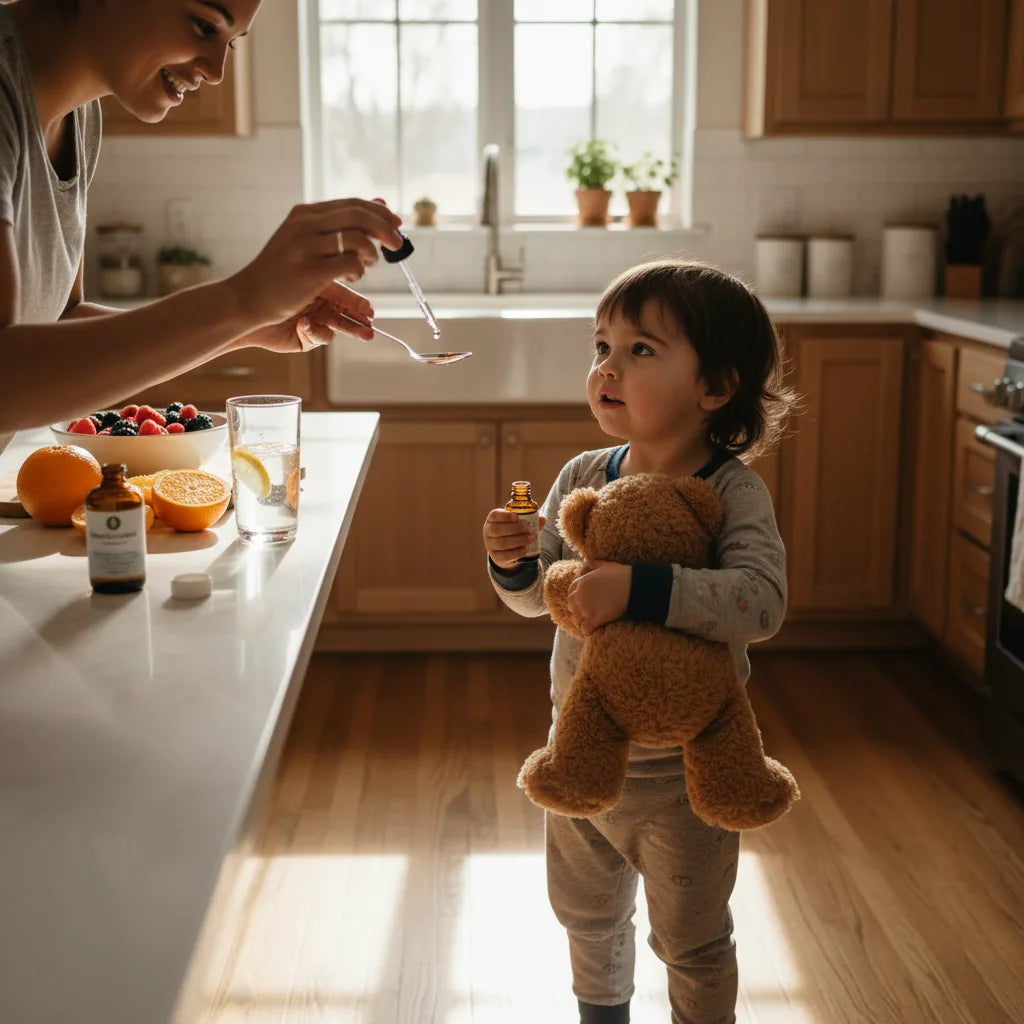 Parent giving gut-drops with interested child