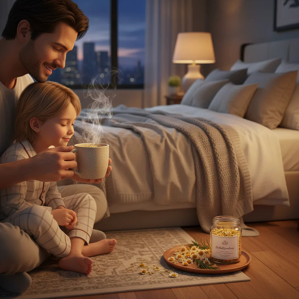 Parent and child share herbal bedtime ritual
