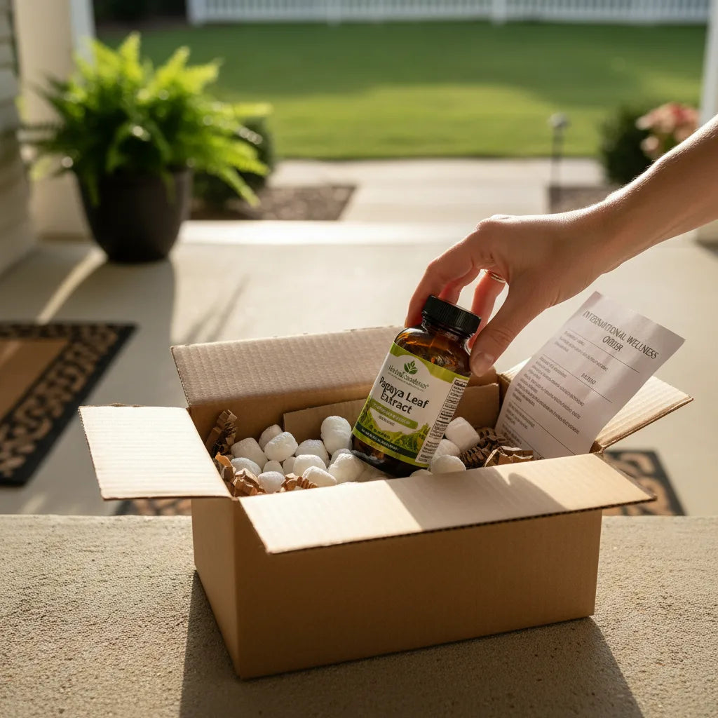 Opening imported papaya extract on a doorstep