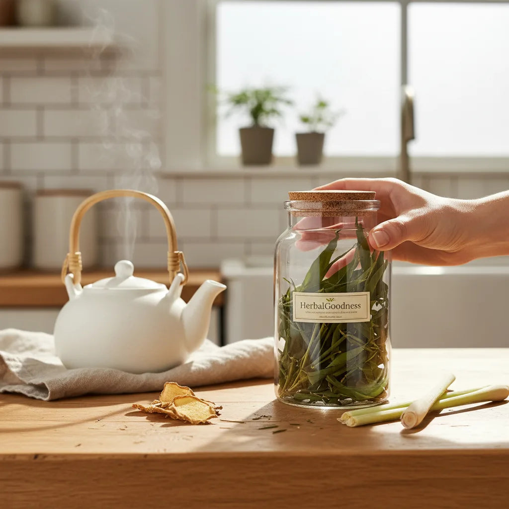 Hand examining bamboo leaf tea ingredients