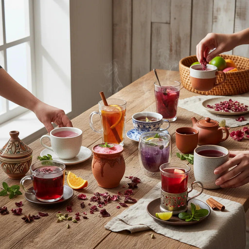 Hands sharing hibiscus teas from world traditions