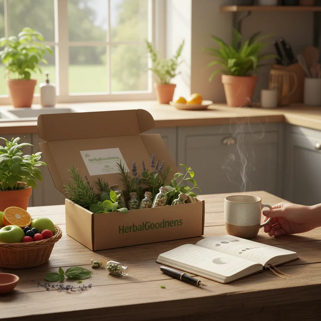 Cycle-synced herbal kit and journal open