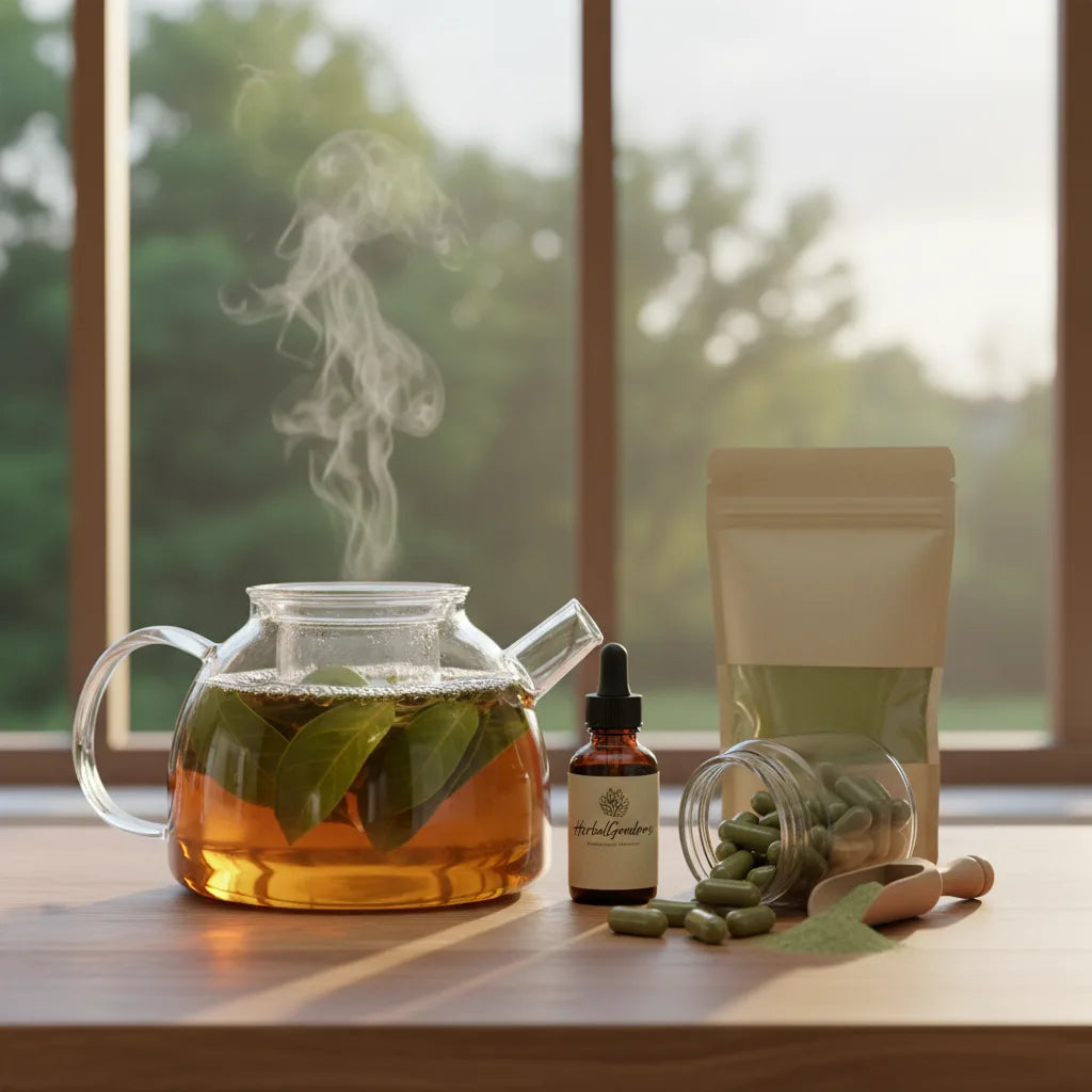Soursop tea, capsules, tincture in kitchen