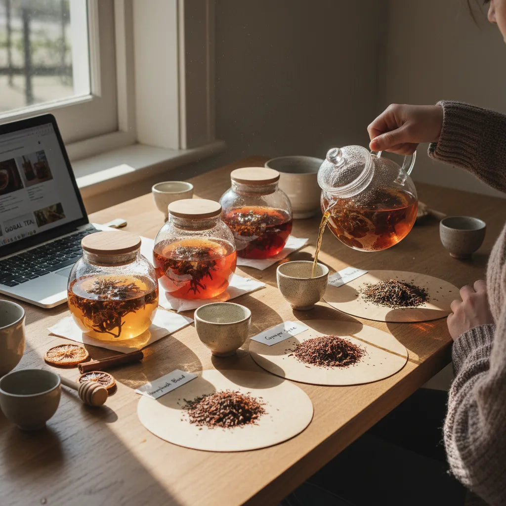 Home rooibos tasting setup with tea pouring
