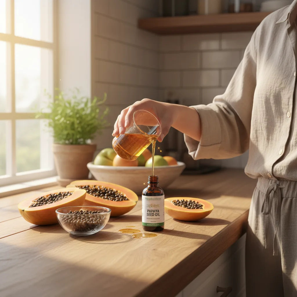 Hand pours papaya seed oil naturally