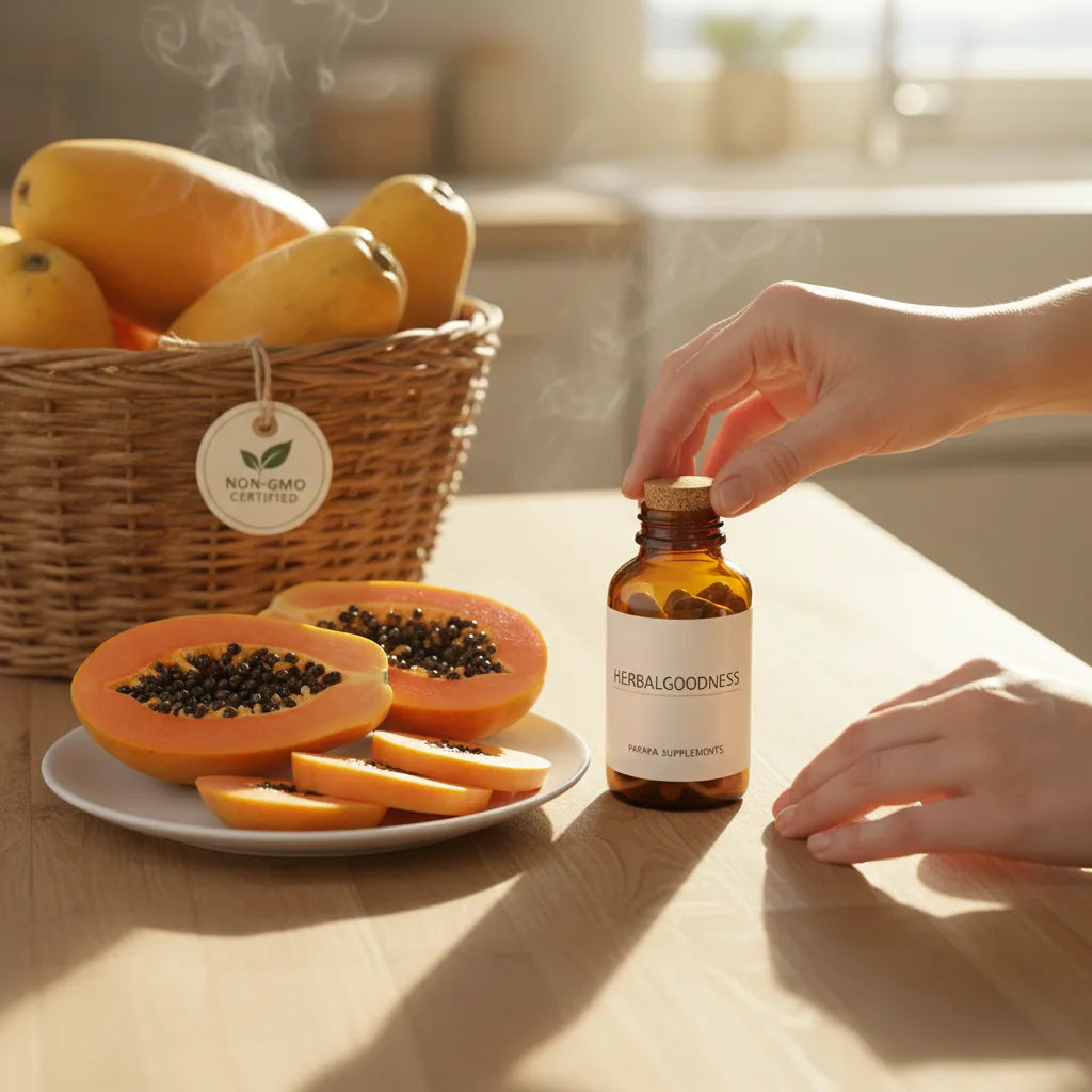 Opening papaya supplement bottle in kitchen scene