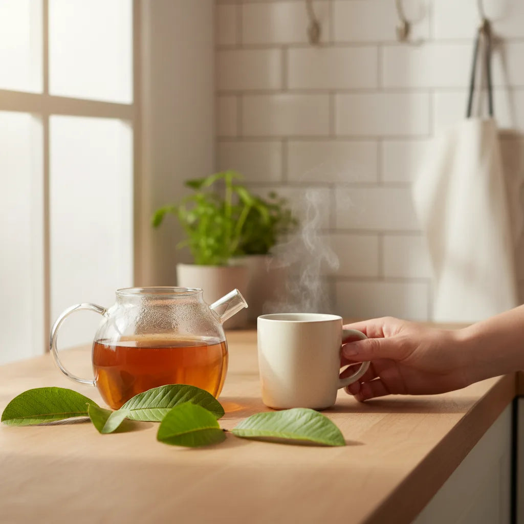 Guava leaf tea being poured in kitchen