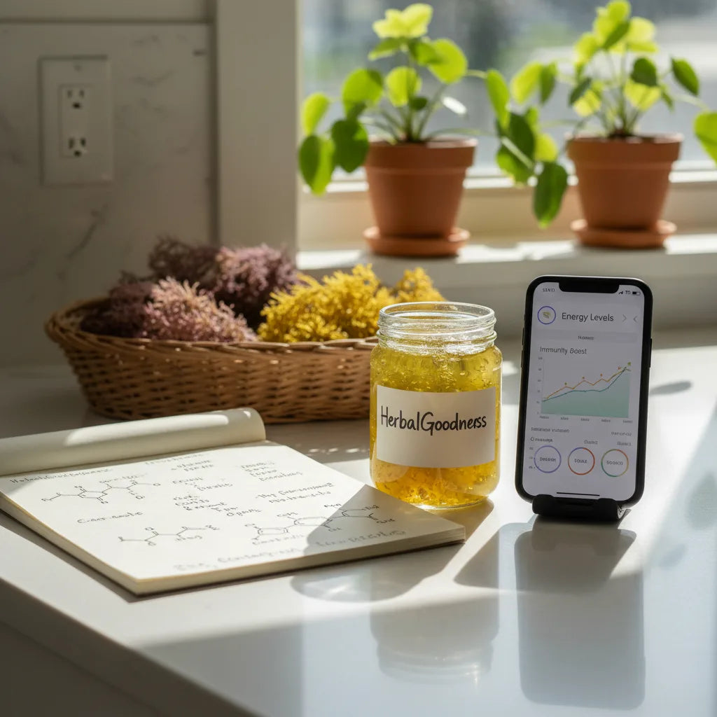 Research notebook, sea moss jar, data display