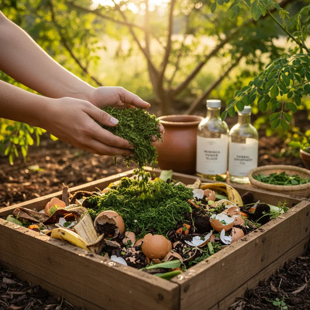 Hands adding spent moringa to compost bin