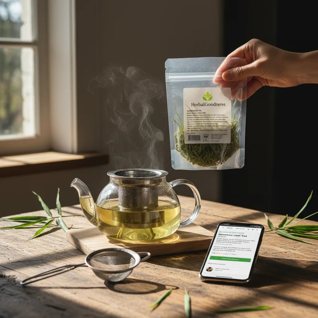 Hand inspects bamboo tea in bright kitchen