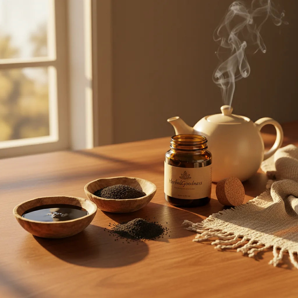Black seed formats on sunlit counter