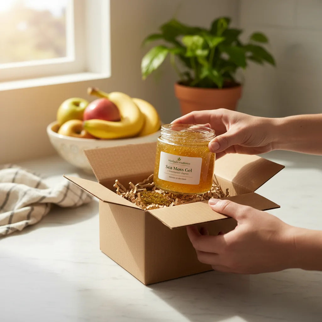 Person unboxing fresh sea moss gel