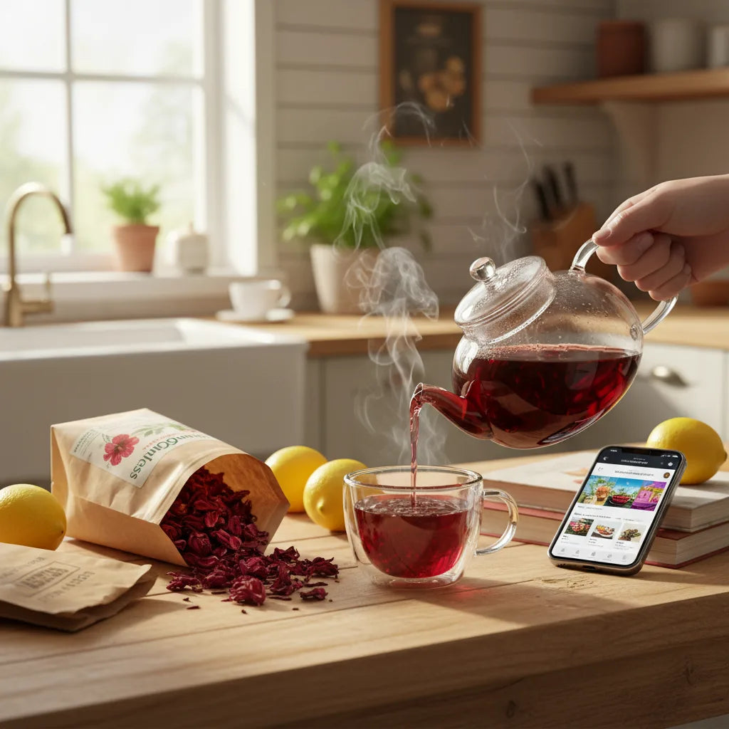 Pouring hibiscus tea among shopping elements