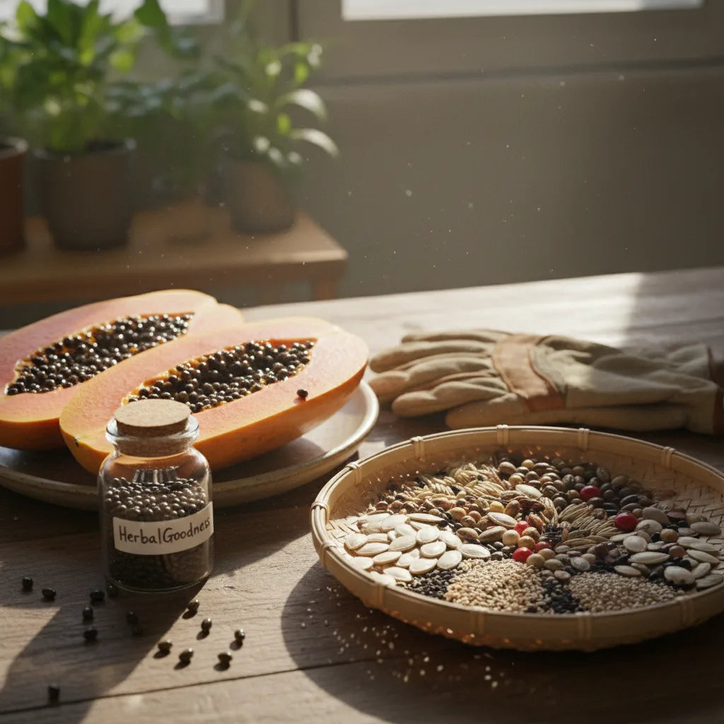 Heirloom papaya seeds on rustic kitchen table