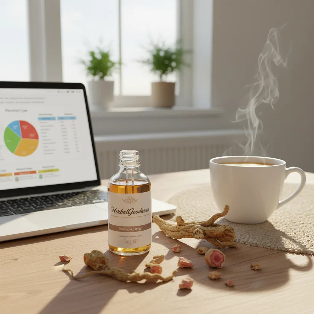 Rhodiola extract, roots, tea, and laptop together