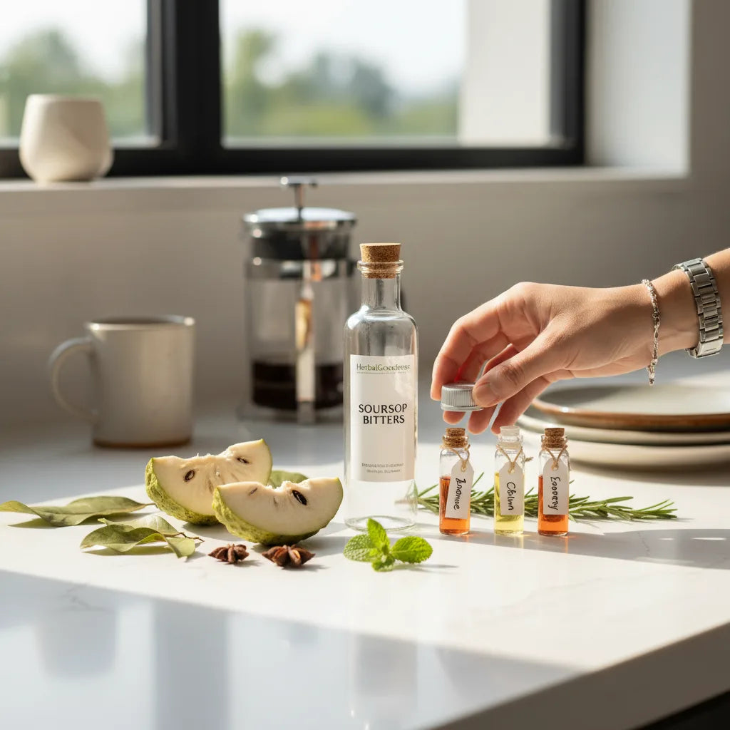 Person uncaps soursop bitters sampler bottle