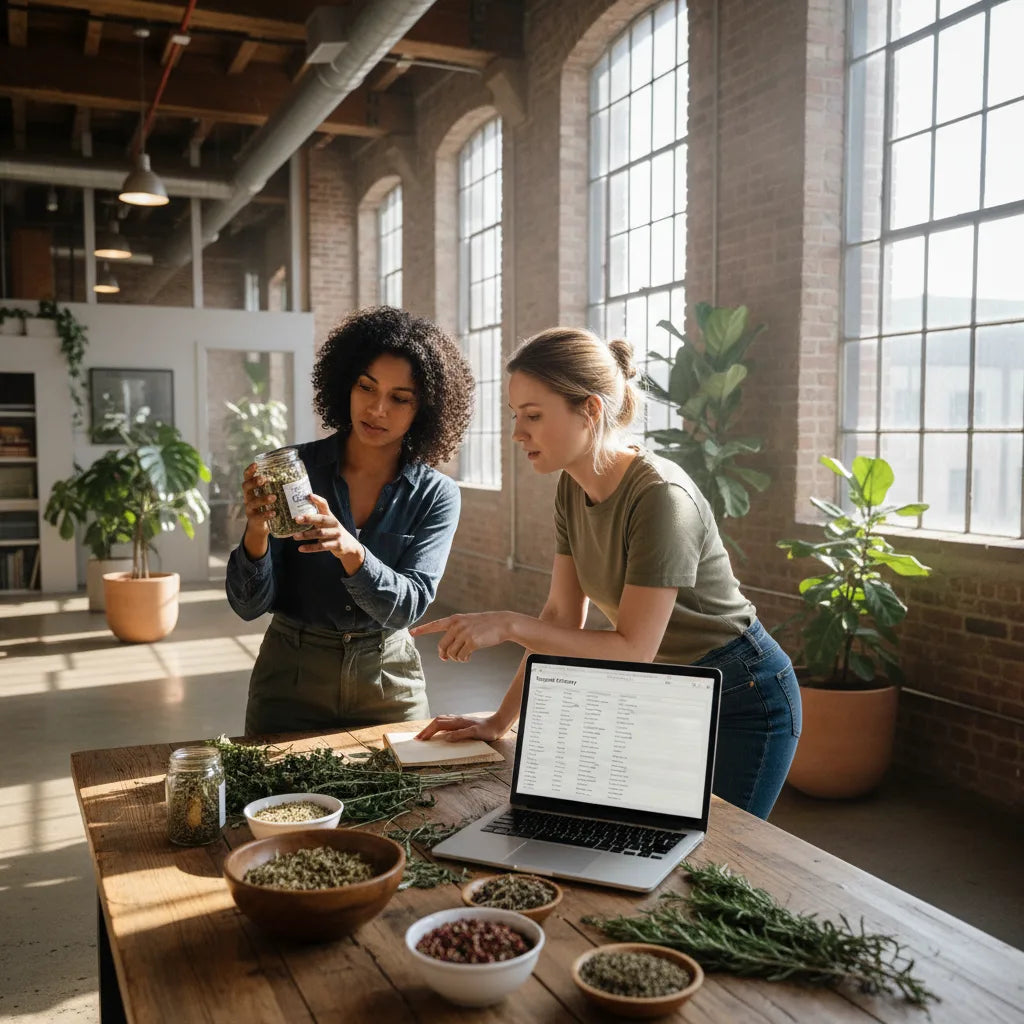 Women discuss herbal product sourcing together
