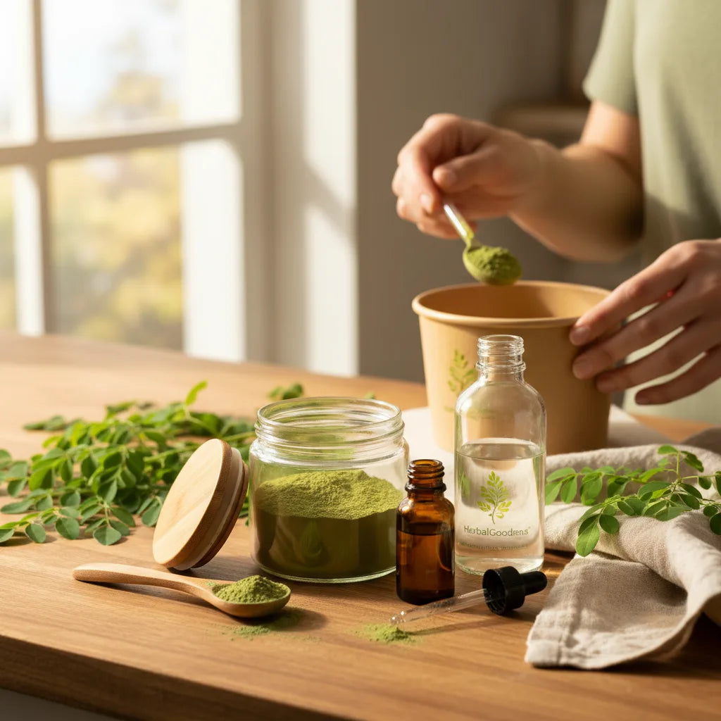 Three moringa formats displayed on counter