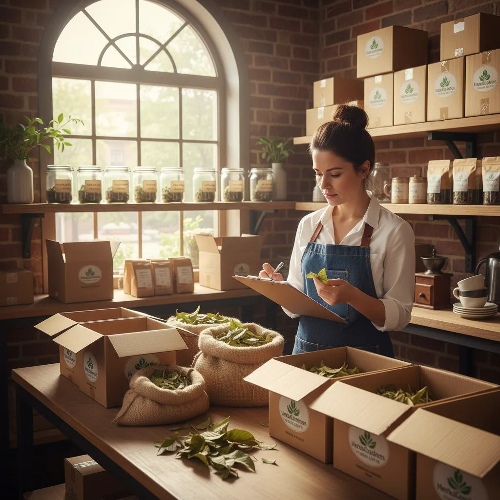 Small business owner checks organic tea delivery
