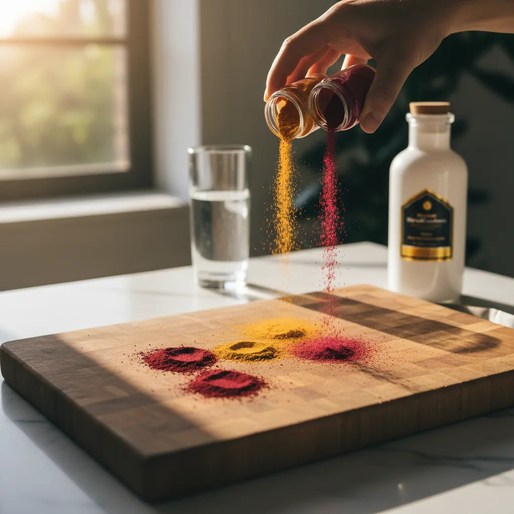 Herbal powders spilling, staining on kitchen board