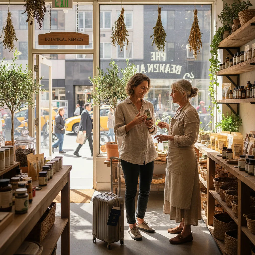 Traveler explores city apothecary for capsules