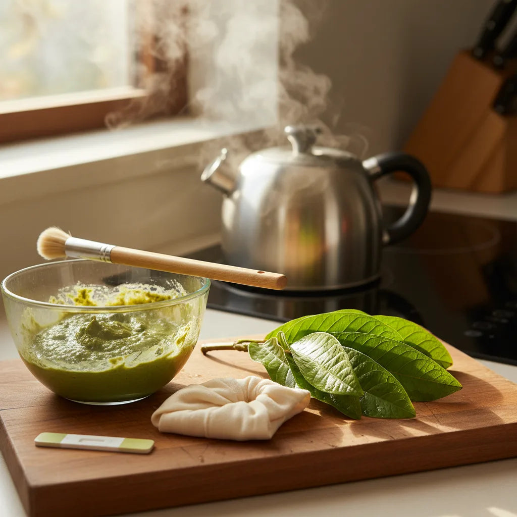 Home preparation of fresh guava leaf mask
