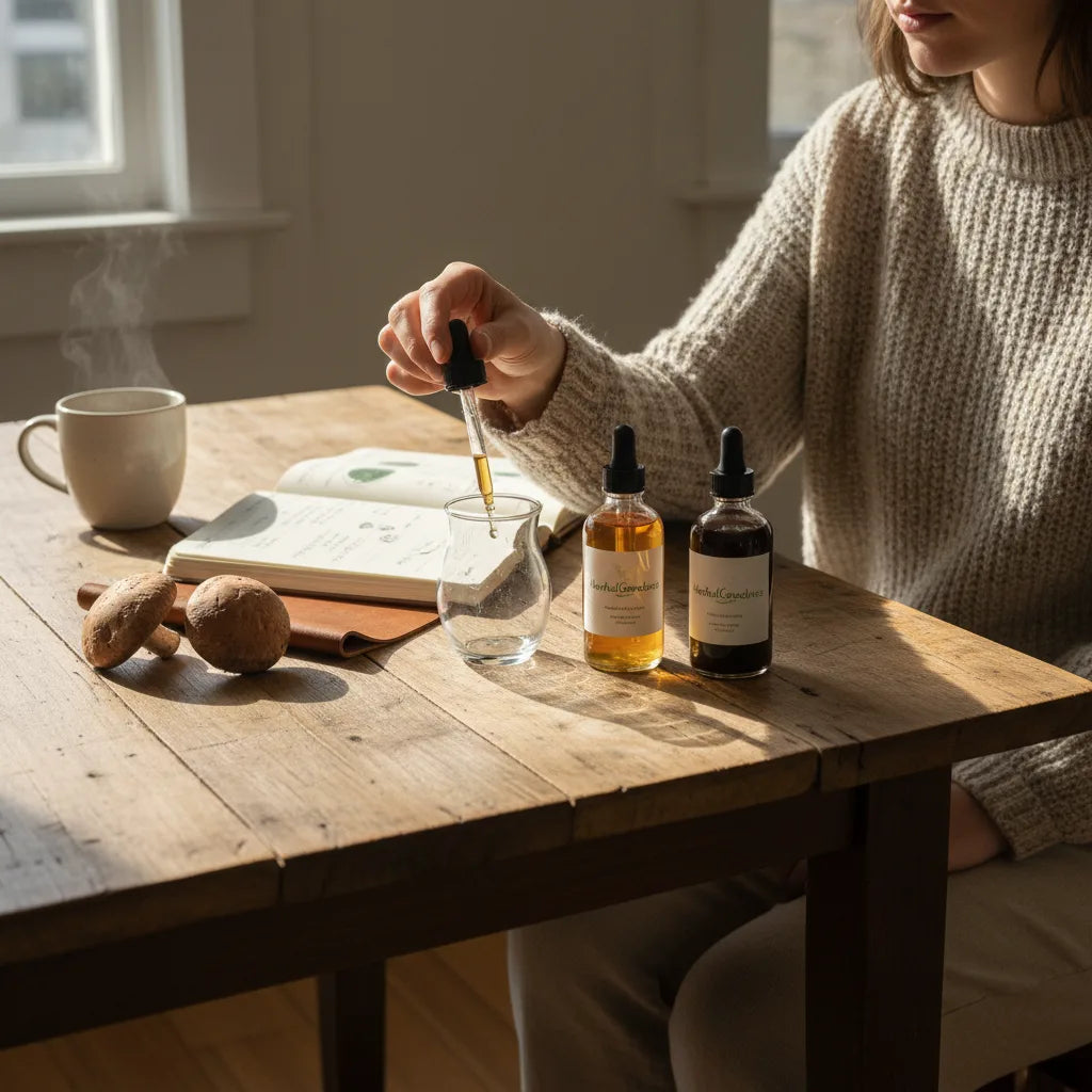 Home mushroom tincture tasting at sunlight table
