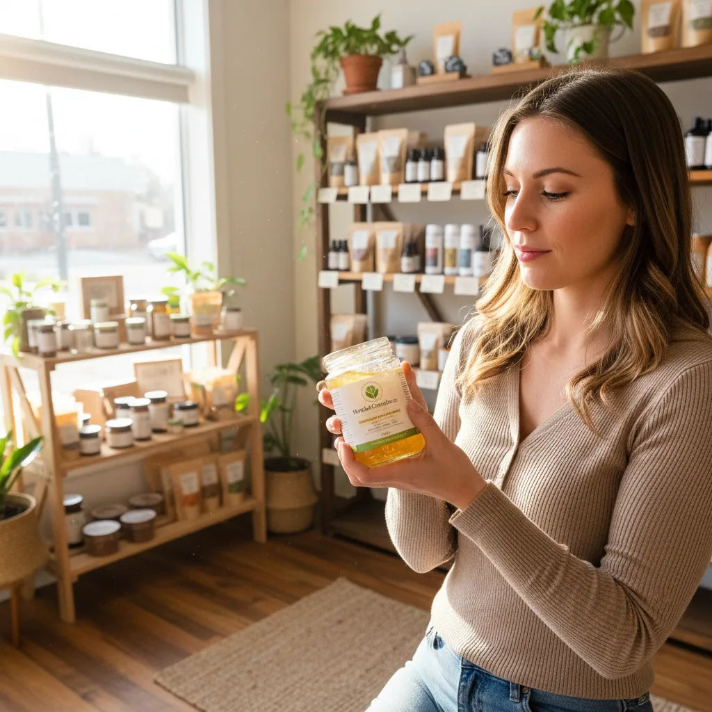 Customer examines sea moss gel in store