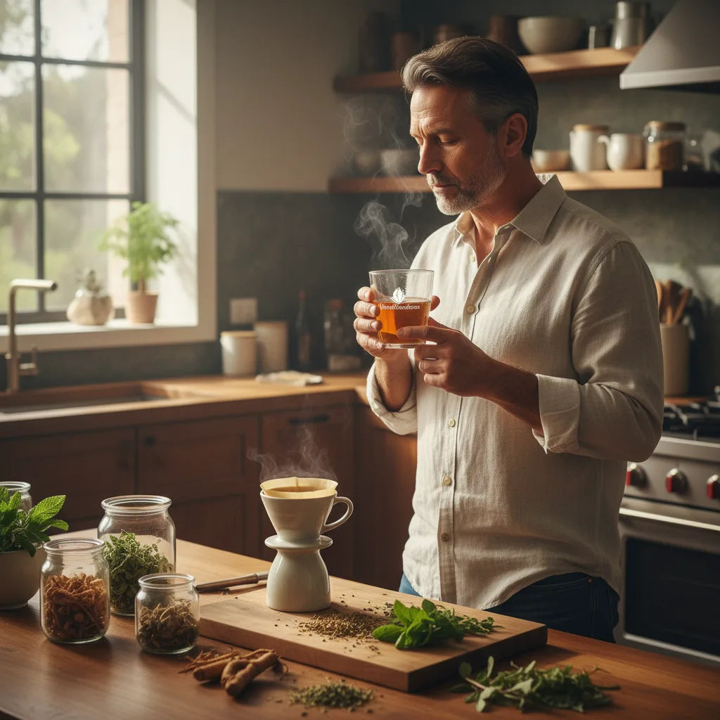 Man prepares herbal focus drink at home