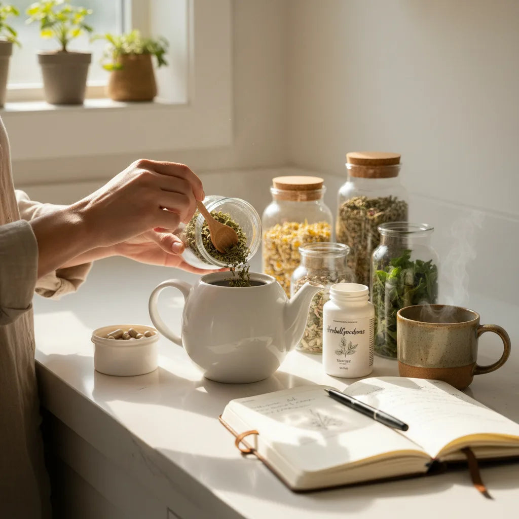 Hands preparing herbal tea, tincture, capsules