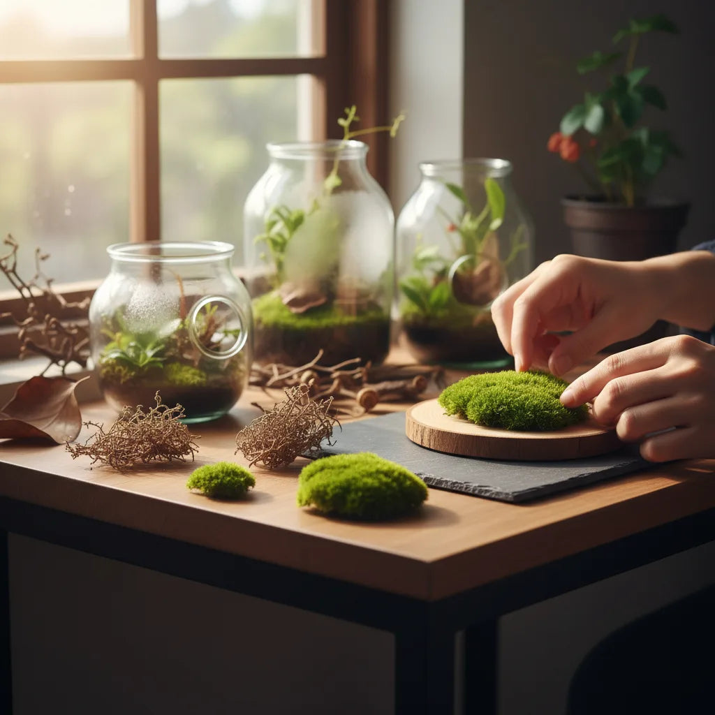 Hands examining real and fake moss samples