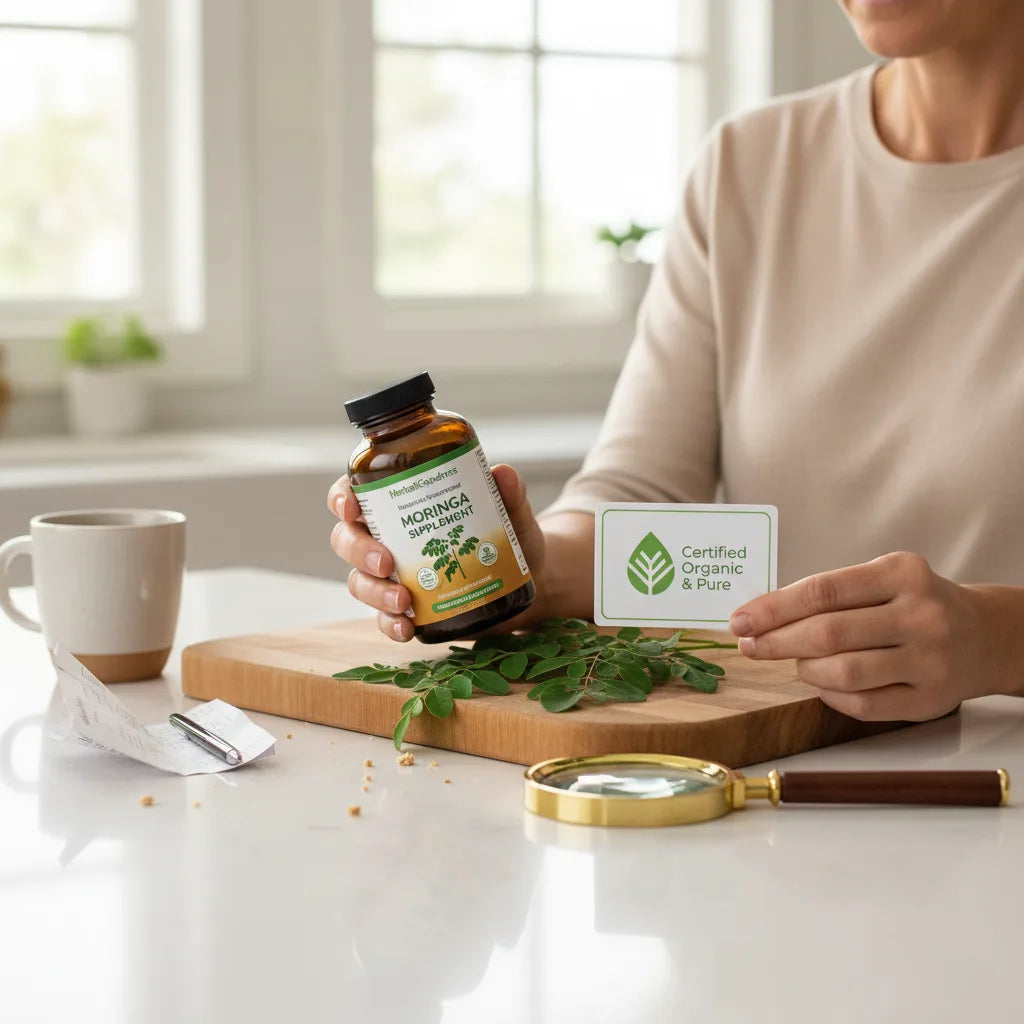 Person inspects moringa label in kitchen