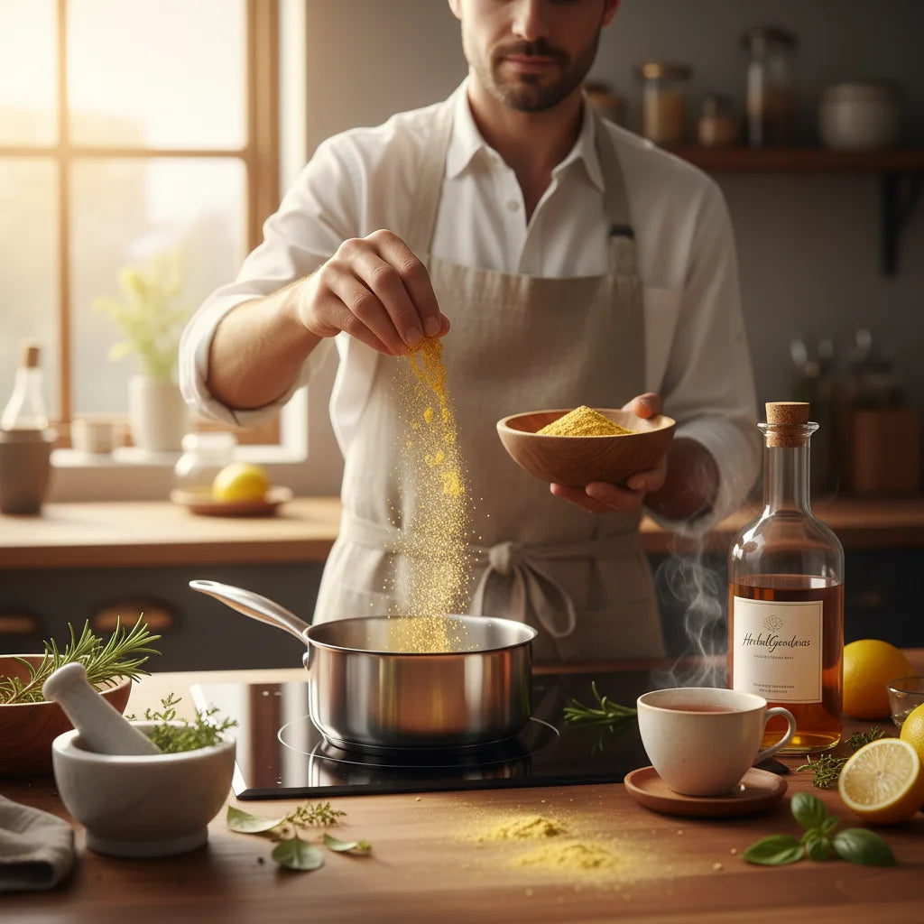 Chef cooking with mullein powder and tincture