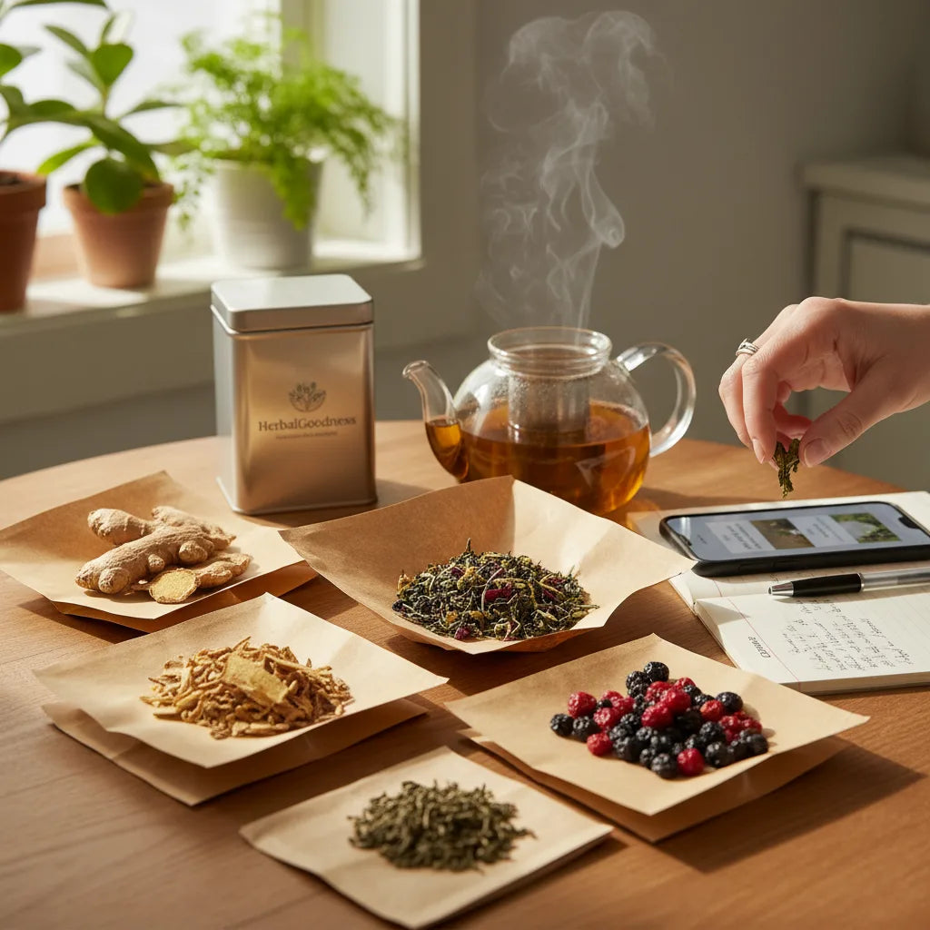 Evaluating herbal teas at sunlit kitchen table