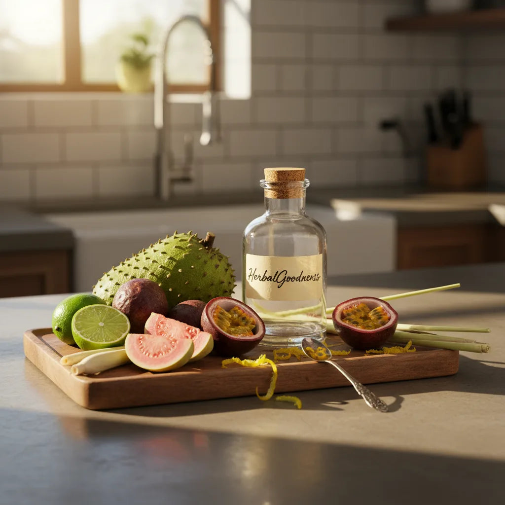 Tropical botanicals beside HerbalGoodness bitters bottle