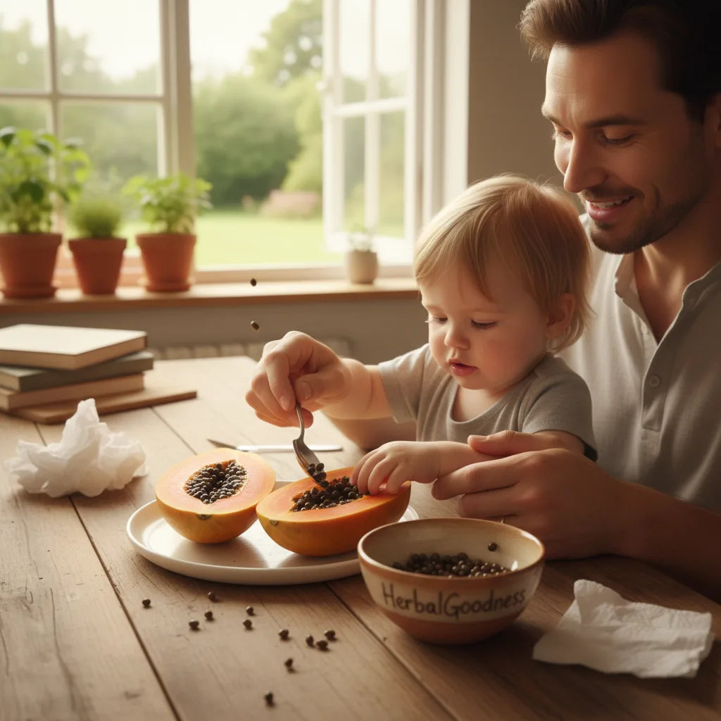 Parent and child preparing fresh papaya seeds
