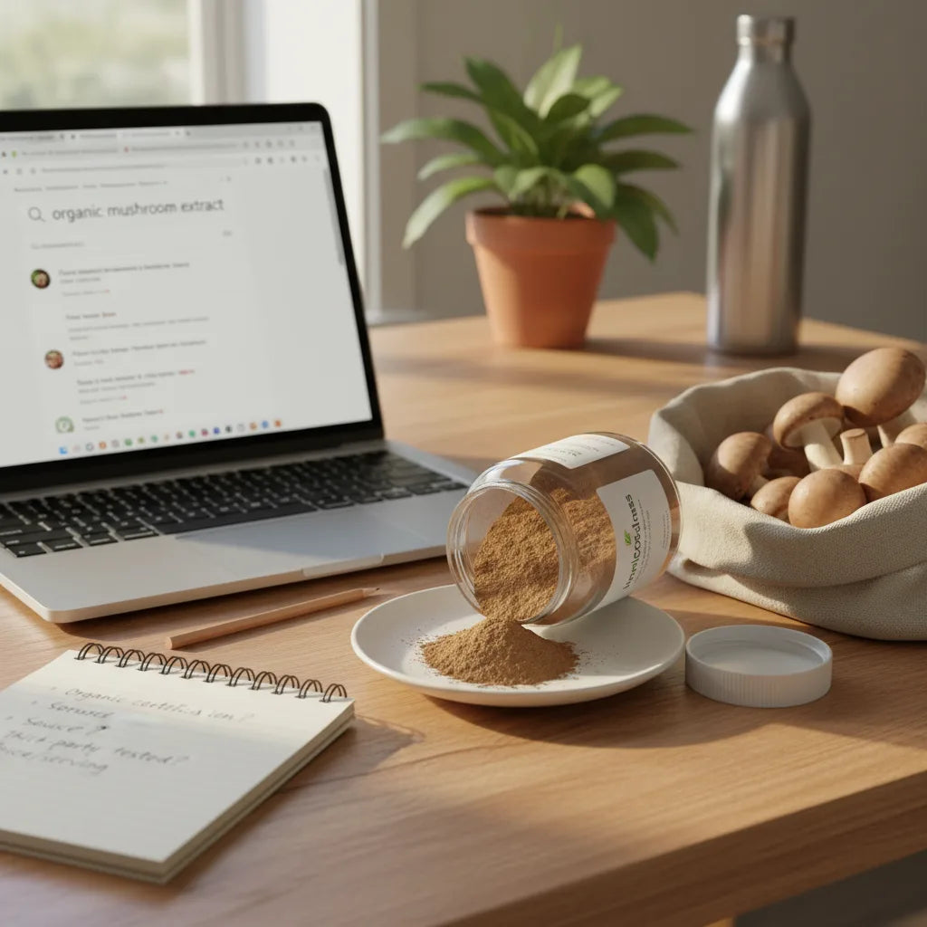 Shopper researches organic mushroom extract online