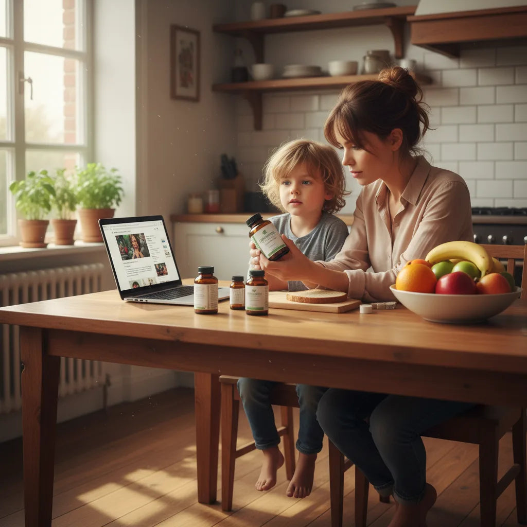 Mother and child reviewing herbal supplements together