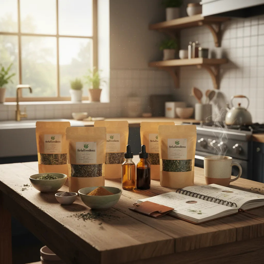 Curated herbal apothecary setup in kitchen